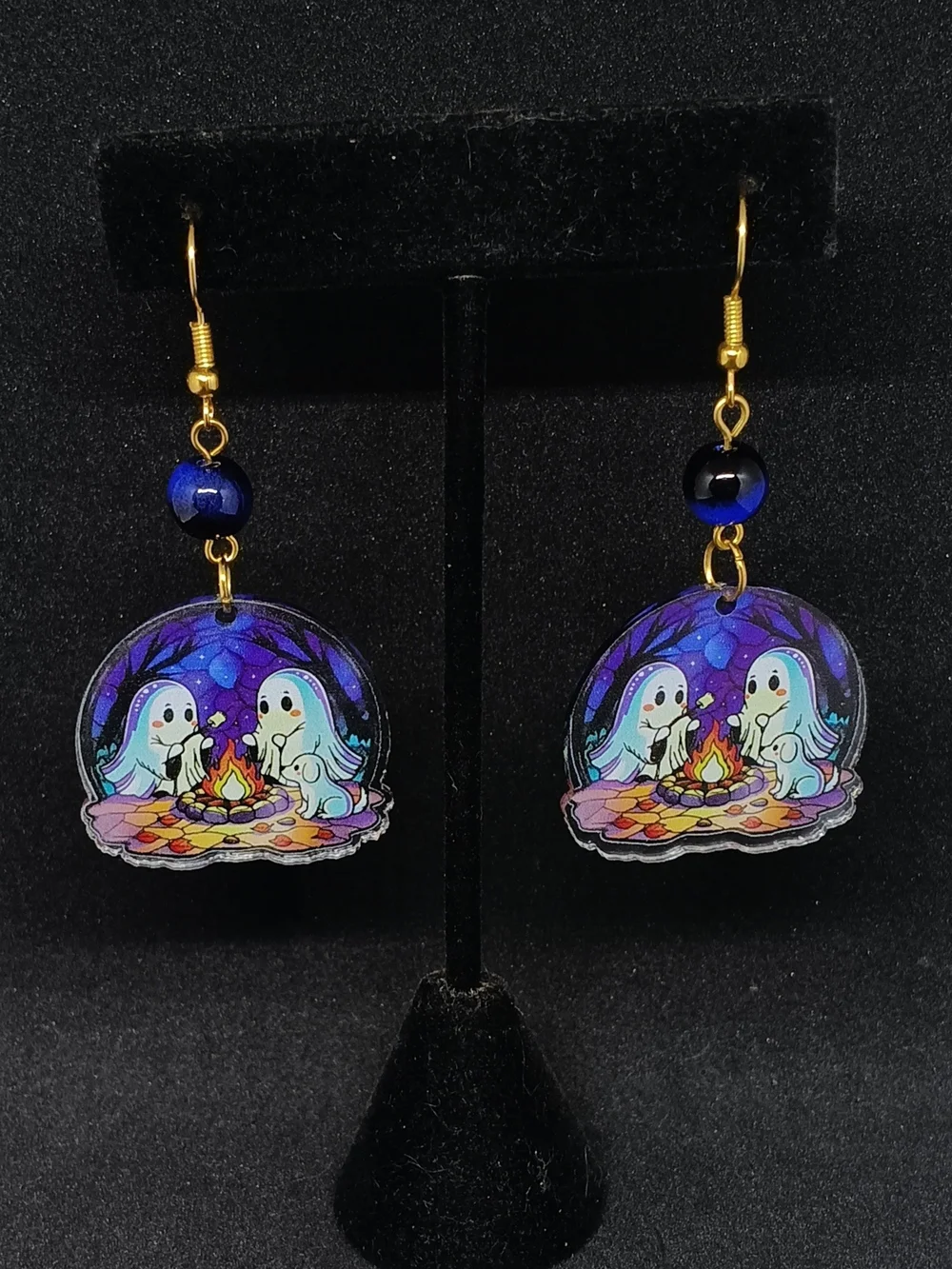 Gold-Tone Ghost Campfire Dangle Earrings in Blue and Purple